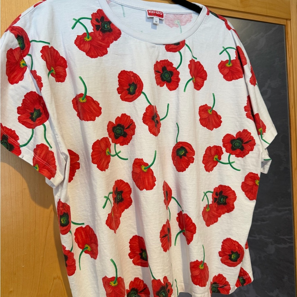 Kenzo Oversize White Tee with Red and Pink Floral Design